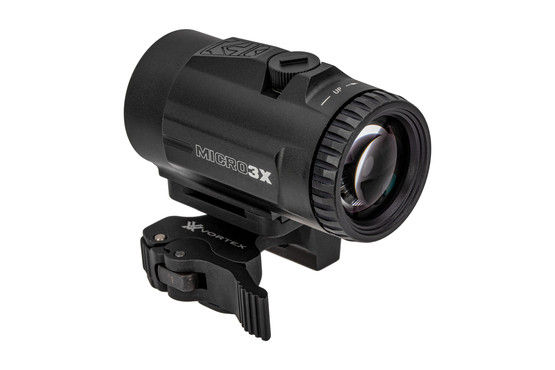 Vortex Optics 3x Micro magnifier features adjustable ocular adjustments with a protected quick-detach lever.